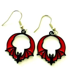 Red and Black Stainless Steel and Enamel Bat Earrings, NWT, Unworn, Goth Vibes